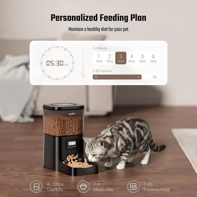 Alt view image 2 of 6 - Espelho Automatic Cat Feeder- 4L Timed Cat Food Dispenser 1-6 Meals Control for Cat and Small Dog- Auto Pet Feeder with Desiccant Bag Keep Fresh for Reliable Easy Set Up and Clean- Voice Recorder