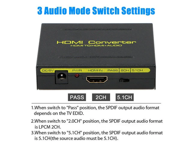 Alt view image 3 of 7 - HDMI Audio Extractor HDMI to HDMI + Optical Toslink(SPDIF) + RCA(L/R) Stereo Analog Outputs Video Audio Splitter Converter Support 4K@30Hz 1080P Full HD 3D