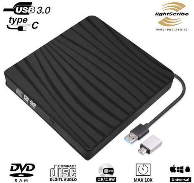 External DVD Drive, Portable USB 3.0 Type-C CD/DVD Rewriter Burner Drive for Laptop Desktop PC Computer Windows Linux OS Apple Mac MacBook Pro Air iMac - High Speed Data Transfer, Black