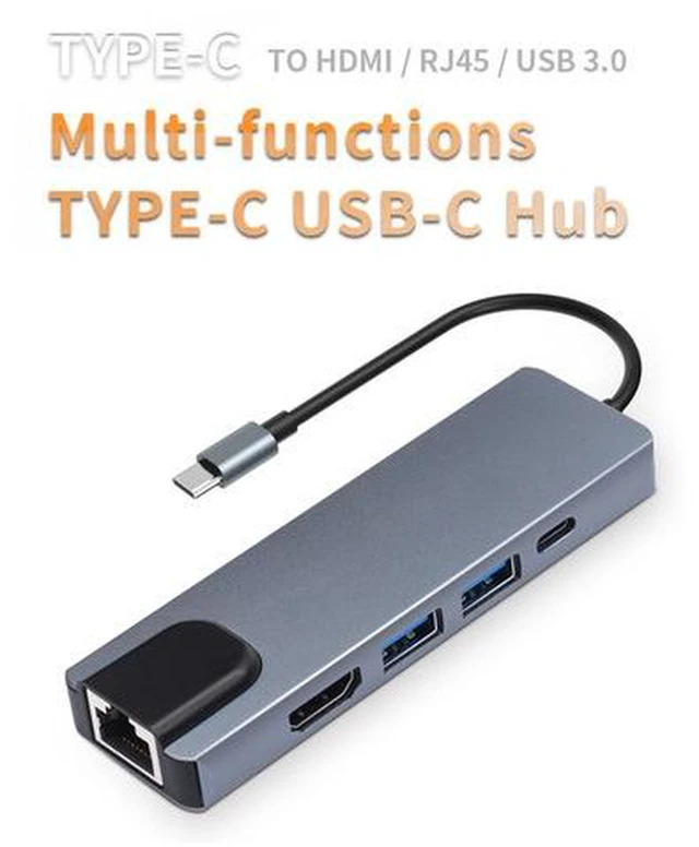 Main image of USB C Hub, 5-in-1 USB C PD Ethernet Hub with 100W Power Delivery, 4K HDMI, 1Gbps Ethernet, 2 USB 3.0 Data Ports, for MacBook Pro, MacBook Air, iPad Pro, XPS, and More