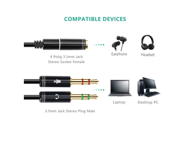 Alt view image 3 of 7 - (2 Pack) 3.5mm Jack Adapter CTIA - Y Splitter Audio Cable with Separate Microphone and Headphone Connector Compatible for PC, PS4 Gaming Headset- 1Ft/30cm, (Black)