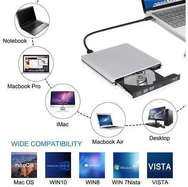Alt view image 7 of 7 - Aluminum External Blu-Ray Burner Drive Type C USB 3.0 Portable CD DVD +/-RW Drive Slim DVD/CD ROM Rewriter Burner Writer for Laptop Desktop PC Windows Linux OS Apple Mac Silver