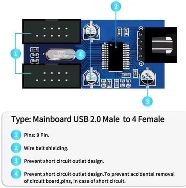 Alt view image 2 of 7 - 4 in 1 Internal USB Splitter Cable, Electop 9 pin USB Header Male 1 to 4 Female Extension Connector Adapter, USB 2.0 HUB Connector Port Multiplier PWM Fan Splitter Cable (30cm/0.98ft)