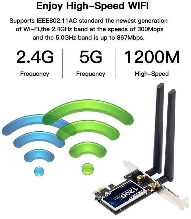 Alt view image 2 of 12 - Mickey AC1200 Desktop PCIe WiFi Card 1200Mbps 2.4/5GHz WiFi Bluetooth 4.0 Wireless Adapter 802.11acbgn PCI Express x1 Network Card for Windows 7 8 10 11