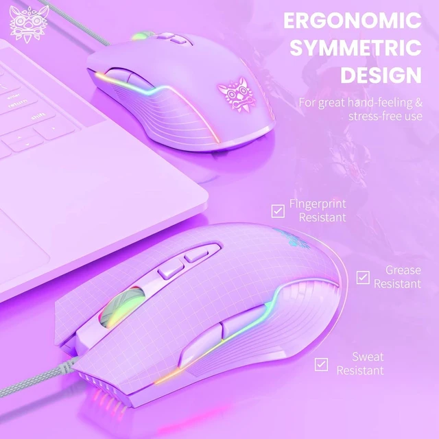 Alt view image 5 of 7 - Cute RGB 6400 DPI Wired Gaming Mouse Breathing LED Optical USB 7 Buttons Gamer Computer Pink Mice for Laptop PC Desktop (Purple)