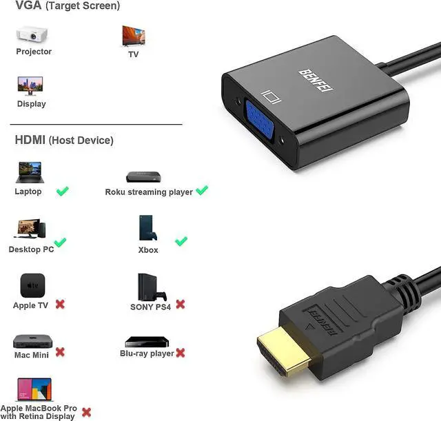 Alt view image 3 of 7 - HDMI to VGA Gold-Plated HDMI to VGA Adapter (Male to Female) Compatible for Computer Desktop Laptop PC Monitor Projector HDTV Chromebook Raspberry Pi Roku Xbox and More - Black