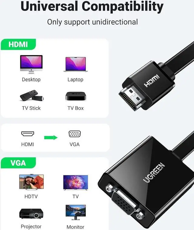 Alt view image 2 of 7 - Active HDMI to VGA Adapter with 3.5mm Audio Jack HDMI Male to VGA Female up to 1080P for PC Laptop Ultrabook Raspberry Pi Chromebook Black