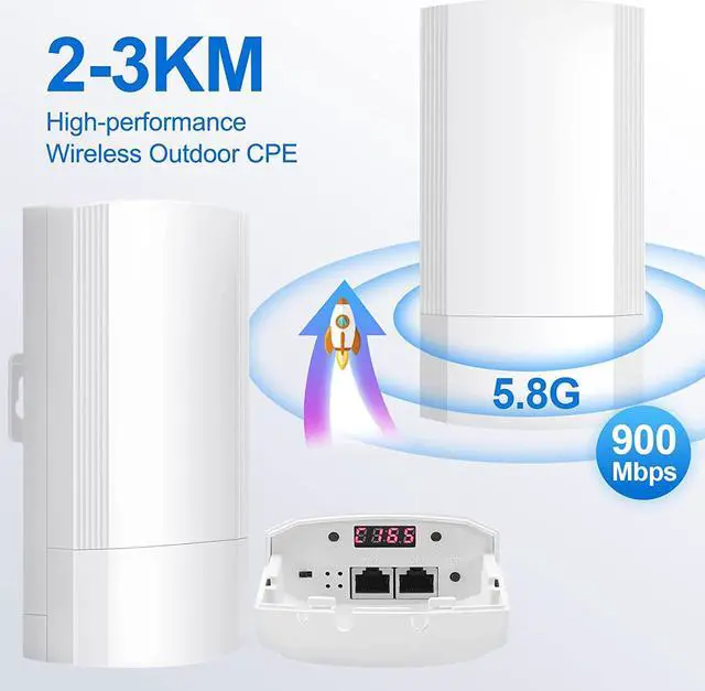 Alt view image 3 of 7 - Wireless Bridge Set 900Mpbs 5.8G WiFi Outdoor CPE Point to Point Long Range up to 2-3KM CPE200 with 12dBi High-Gain Antenna24V PoE Power, IP65 Waterproof,2-Pack, White