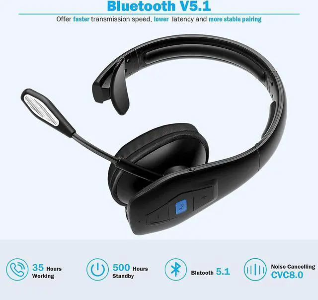 Alt view image 4 of 6 - Conambo Noise Cancelling Bluetooth Headset V5.1, 35Hrs HD Talktime CVC8.0 Dual Mic Hands-Free Wireless Headset, Bluetooth Headphones with Mute Button for Cell Phones Business Home Office Trucker
