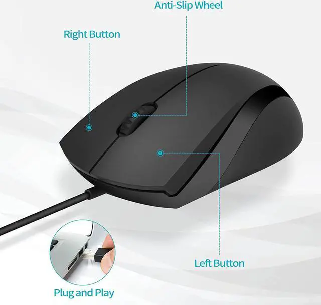 Alt view image 3 of 7 - Silent Wired Mouse 1000 DPI 5ft Cord Quiet Button Optical Computer Mouse Left Right Hand Use for Laptop Chromebook Mac Notebook Matte Black