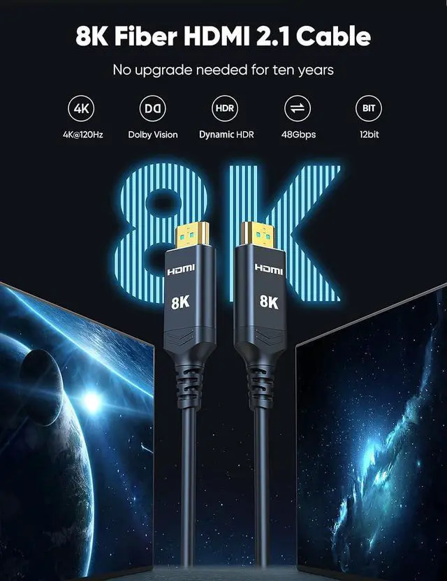 Alt view image 2 of 7 - 8K 4K 120HZ 50 FT HDMI Cable Fiber Optic, in-Wall CL3 Rated Long HDMI 2.1 48Gbps Ultra High Speed [8K@60Hz] Dynamic HDR/eARC/HDCP 2.2&2.3/3D, Compatible for Desktop GPUs 30&40 Series
