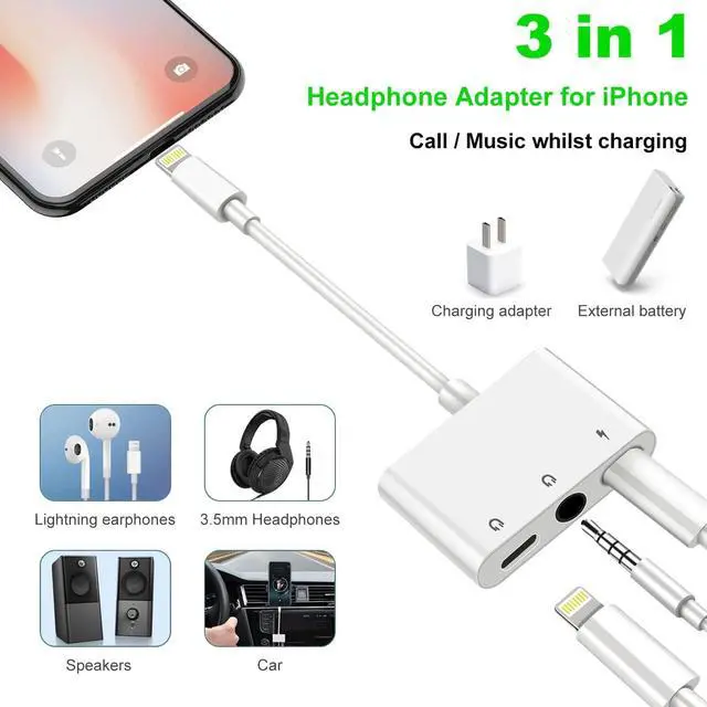 Alt view image 2 of 7 - 3 in 1 Headphone Adapter for iPhone Lightning to 3.5 mm Headphone Jack Adapter Lightning Audio & Charging Adapter Dongle Cable Splitter Compatible with iPhone 14 13 12 11 XS XR X 8 7 iPad