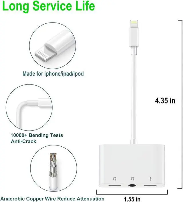 Alt view image 6 of 7 - 3 in 1 Headphone Adapter for iPhone Lightning to 3.5 mm Headphone Jack Adapter Lightning Audio & Charging Adapter Dongle Cable Splitter Compatible with iPhone 14 13 12 11 XS XR X 8 7 iPad