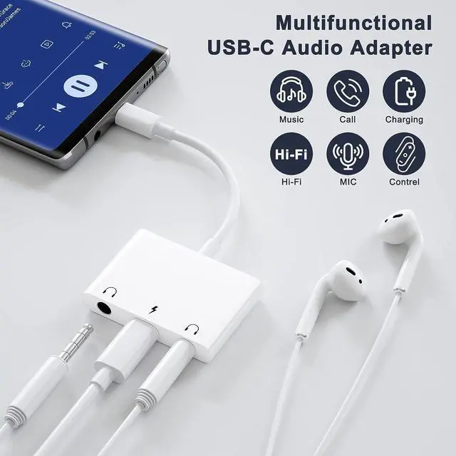 Alt view image 2 of 7 - Headphone Adapter for iPad Headphone Splitter for 2 Headphones 3 in 1 USB C to 3.5mm Jack Audio Adapter with 60W Fast Charging Compatible with S24/23 Ultra.