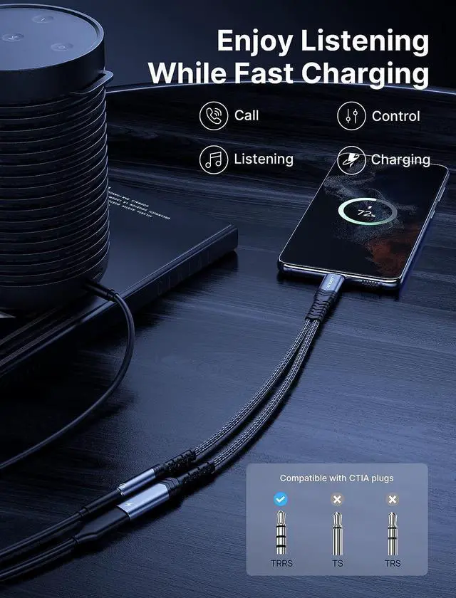 Alt view image 2 of 7 - USB C to 3.5mm Headphone and Charger Adapter 2-in-1 USB Type C to Aux Audio Splitter Jack with PD 60W Fast Charging Compatible with Samsung S22/S21/S20 Note20/10 Pixel 6/5/4 iPad Pro Air -Grey