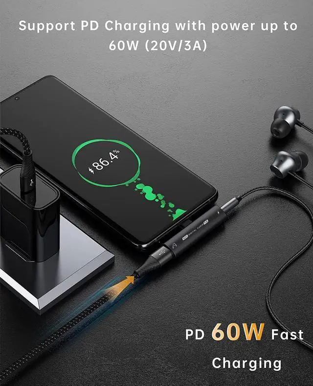 Alt view image 2 of 7 - USB C to 3.5mm Headphone and Charger Adapter 2-in-1 USB Type C to AUX Mic Jack Dongle Cable with PD 60W Fast Charging Compatible with Samsung Galaxy S20 S21+ S22 S23 Ultra Note 20 10 Pixel iPad Pro