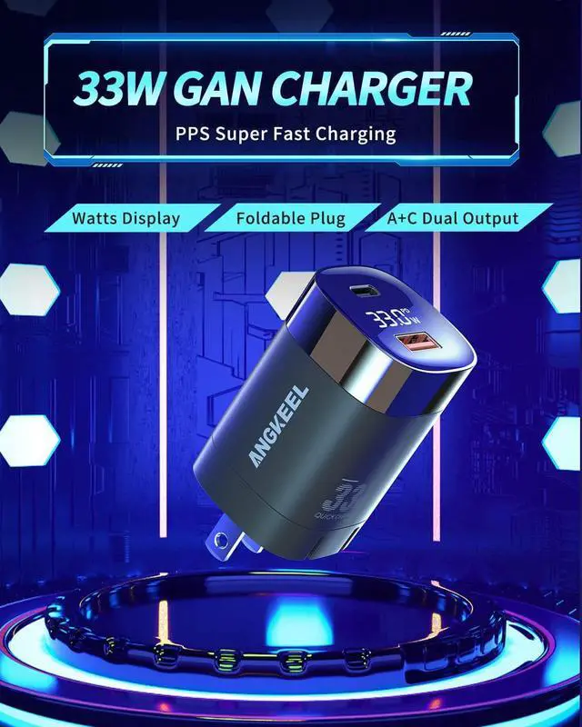 Alt view image 4 of 7 - 33W USB C Wall Charger ANGKEEL Dual Port 30W Adapter GaN Type-C Block with LED Power Display, PD/PPS/QC 4.0 Fast Charging, Foldable Plug for iPhone 15 Pro Max/14/13, Samsung S23/S22, Pixel 7, iPad Air