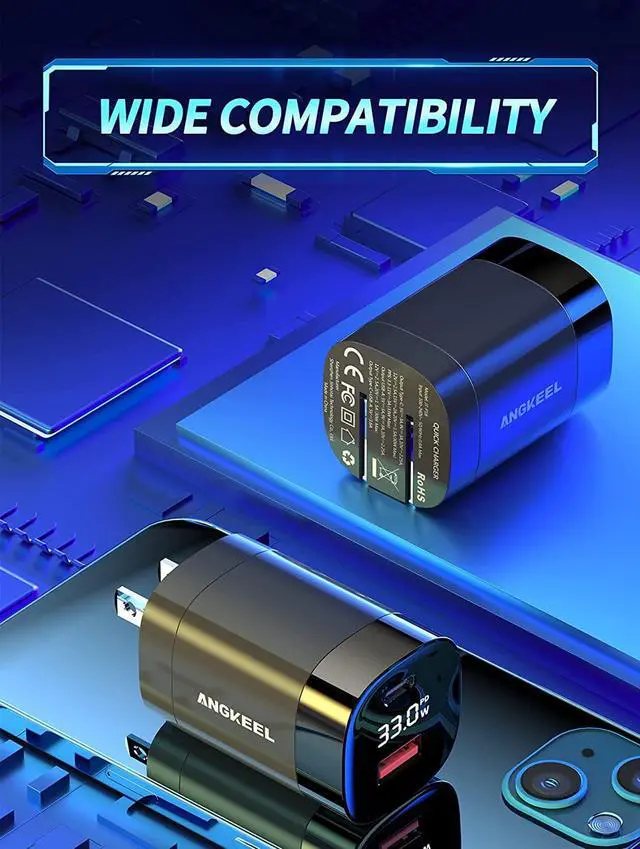 Alt view image 7 of 7 - 33W USB C Wall Charger ANGKEEL Dual Port 30W Adapter GaN Type-C Block with LED Power Display, PD/PPS/QC 4.0 Fast Charging, Foldable Plug for iPhone 15 Pro Max/14/13, Samsung S23/S22, Pixel 7, iPad Air