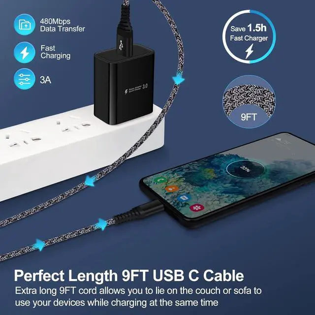 Alt view image 5 of 7 - Quick Wall Charger Block 3A Android Phone Brick,9FT Fast Charging USB Type C Cable Power Cord for Samsung Galaxy S25 Ultra A32 A52 Z Flip Fold 6 5 4 A14 A15 A13 5g A53 S24 S23 S22 S21 FE S20 A12 A54