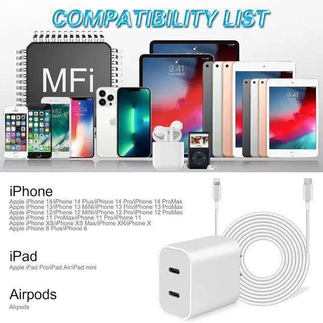 Alt view image 2 of 6 - iPhone 14 Super Fast Charger Dual Port USB C Charger iPhone Charger Fast Charging Block Quick  USB C Wall Adapter Plug 2Pack Type C Lightning Cable For iPhone 14/13/12/11/ProMax/MiNi/XR/SE/8 Plus