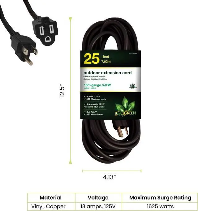 Alt view image 2 of 7 - Go Green Power Inc. 16/3 25ft Black Outdoor Extension Cord - Reliable, Heavy Duty - Ideal for Outdoor Tools & Equipment - GG-13725BK
