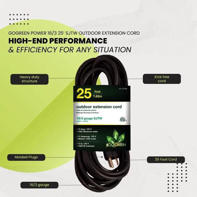 Alt view image 3 of 7 - Go Green Power Inc. 16/3 25ft Black Outdoor Extension Cord - Reliable, Heavy Duty - Ideal for Outdoor Tools & Equipment - GG-13725BK