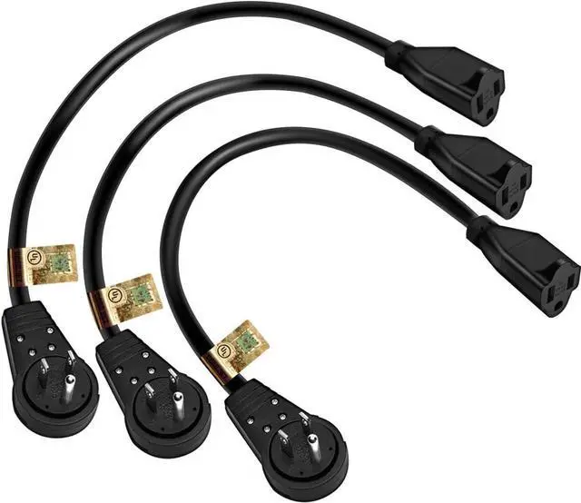 Main image of Nekteck 360° Rotating Flat Plug Extension Cord 1 Foot, 14AWG 3 Prong Extension Cord, Low Profile Right Angle Power Cord, Flat Extension Cord Grounded Wire, 15A- UL Certified, Black