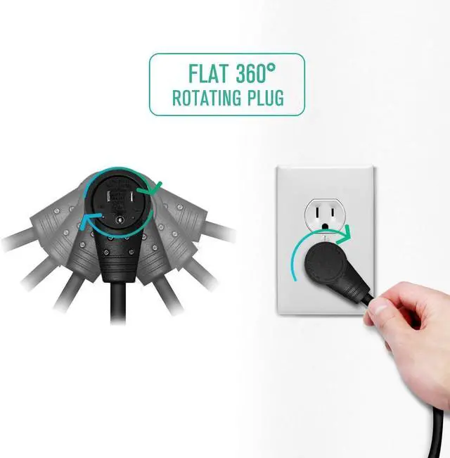 Alt view image 3 of 7 - Nekteck 360° Rotating Flat Plug Extension Cord 1 Foot, 14AWG 3 Prong Extension Cord, Low Profile Right Angle Power Cord, Flat Extension Cord Grounded Wire, 15A- UL Certified, Black