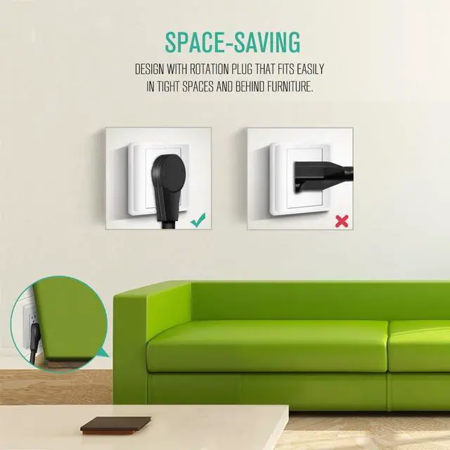 Alt view image 4 of 7 - Nekteck 360° Rotating Flat Plug Extension Cord 1 Foot, 14AWG 3 Prong Extension Cord, Low Profile Right Angle Power Cord, Flat Extension Cord Grounded Wire, 15A- UL Certified, Black