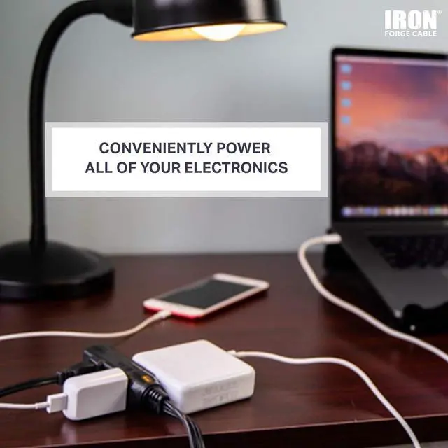 Alt view image 3 of 7 - Iron Forge Cable 2 Pack 15 ft Flat Plug Black Extension Cord with 3 Outlets - 16/3 SJTW 3 Prong Indoor Extension Cord with Multiple Outlets