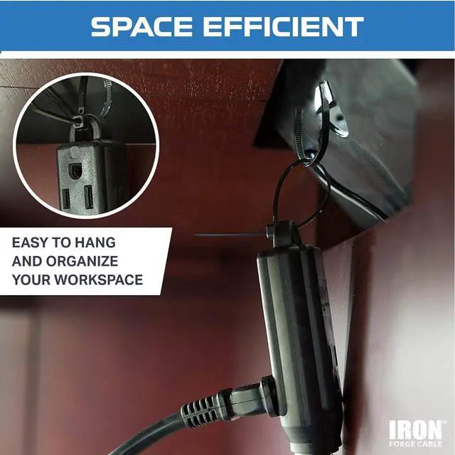 Alt view image 7 of 7 - Iron Forge Cable 2 Pack 15 ft Flat Plug Black Extension Cord with 3 Outlets - 16/3 SJTW 3 Prong Indoor Extension Cord with Multiple Outlets