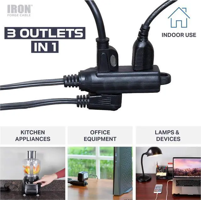 Alt view image 5 of 7 - Iron Forge Cable 2 Pack 15 ft Flat Plug Black Extension Cord with 3 Outlets - 16/3 SJTW 3 Prong Indoor Extension Cord with Multiple Outlets