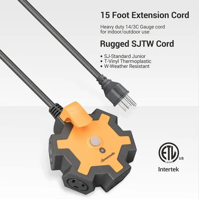 Alt view image 2 of 7 - DEWENWILS Industrial Power Strip with 5-Outlet Power Hub, 15FT Heavy Duty Extension Cord for Garage, Workshop, 14/3 AWG SJTW, 15A Circuit Breaker, Swivel Safety Covers, ETL Listed Yellow
