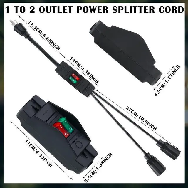 Alt view image 2 of 7 - Power Cord Extension Y Splitter with ON Off Switch Plug Splitter 2 Way Outlet Adapter NEMA 5-15R to 1 NEMA 5-15P with 14AWG 15A/125V and 18AWG 10A/125V Sub Line for Indoor Outdoor Use (Black, 1.8 Ft)