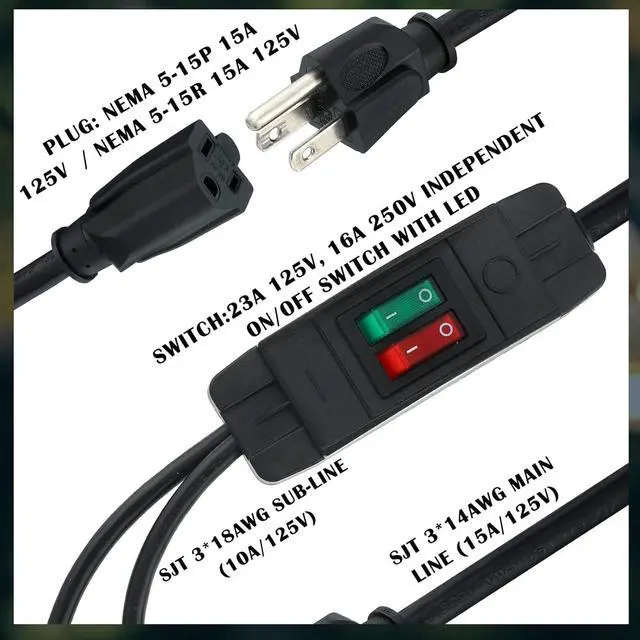 Alt view image 3 of 7 - Power Cord Extension Y Splitter with ON Off Switch Plug Splitter 2 Way Outlet Adapter NEMA 5-15R to 1 NEMA 5-15P with 14AWG 15A/125V and 18AWG 10A/125V Sub Line for Indoor Outdoor Use (Black, 1.8 Ft)