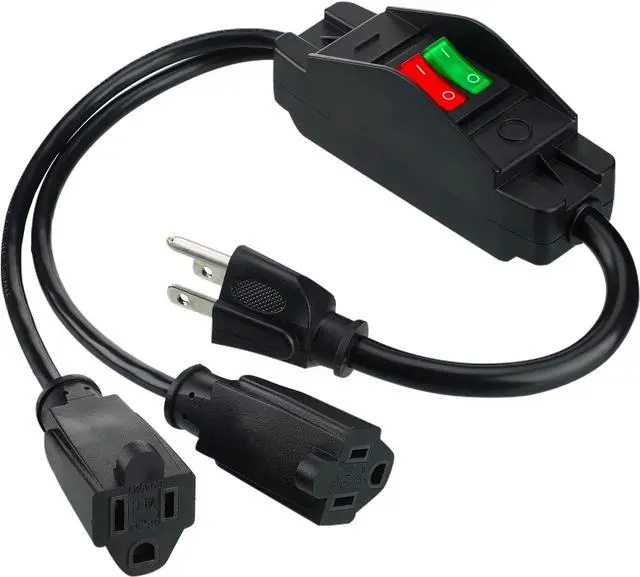 Main image of Power Cord Extension Y Splitter with ON Off Switch Plug Splitter 2 Way Outlet Adapter NEMA 5-15R to 1 NEMA 5-15P with 14AWG 15A/125V and 18AWG 10A/125V Sub Line for Indoor Outdoor Use (Black, 1.8 Ft)