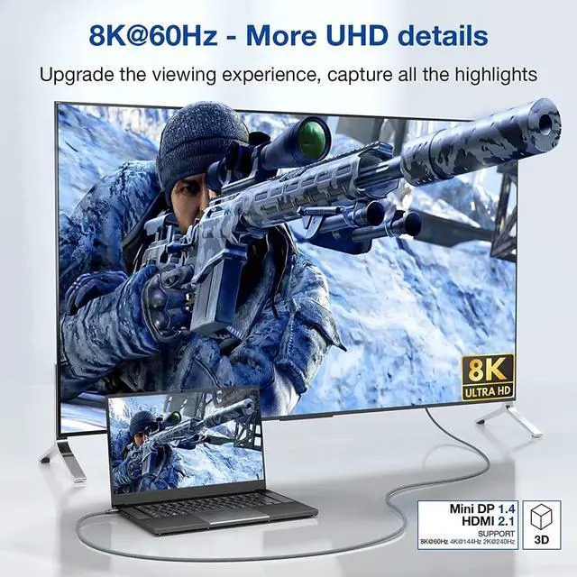 Alt view image 3 of 7 - 8K Mini DisplayPort to HDMI Cable 9.9FT, Mini DP to HDMI 2.1 Cord, Support 8K@60Hz, 4K@120Hz, 2K@240Hz, HDR, FreeSync, VRR, Dolby Vision for Thunderbolt 2, iMac, Surface Pro/Dock, Monitor, Graphics