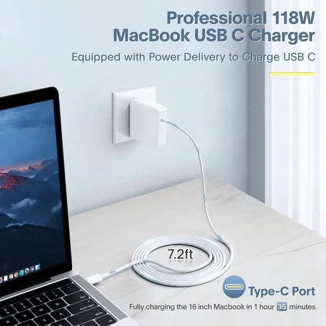 Alt view image 2 of 7 - Mac Book Pro Charger - 118W USB C Charger Power Adapter Compatible with USB C Port MacBook Pro & MacBook Air 13 14 15 16 inch New ipad Pro and All USB C Device 7.2ft USB-C to C Charge Cable