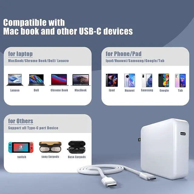 Alt view image 3 of 6 - 96W USB C Charger Replacement for MacBook Pro 16, 15, 14, 13 inch, 2018,2019,2020, 2022,2021,2023, M1 M2 MacBook Air,iPad Pro,USB C/Type c Laptop Power Adapter,6.6ft Type C to C Charger