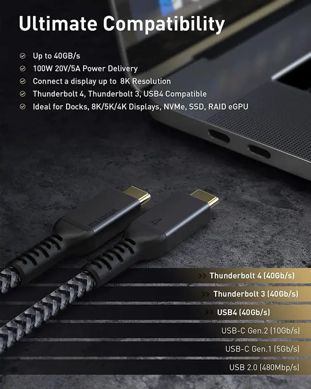 Alt view image 2 of 7 - Maxonar [1Ft] Thunderbolt 4 Cable 40Gbps with 100W Charging and 8K/5K@60Hz Compatible with Thunderbolt 4/3, USB4, and USB C