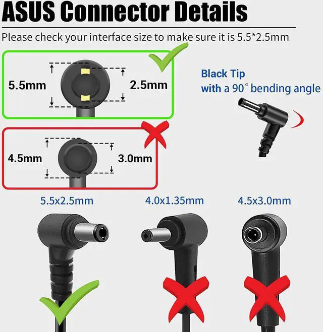 Alt view image 2 of 7 - 65W AC Laptop Charger Adapter Replacement for Asus U56E X555L X551M X53U X550C Q551L Q301L K53E K55A S500C S400C A53E R554L TP500L F555L PA-1700-02 ADP-65DW B ADP-45BW-B Power Supply Cord