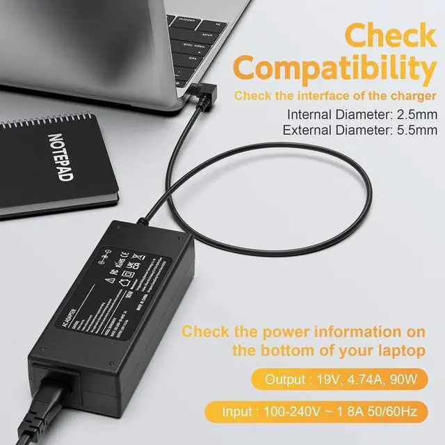 Alt view image 2 of 7 - Laptop Charger for Toshiba Satellite PA3468U-1ACA, PA3516U-1ACA, PA3714U-1ACA, PA5035U-1ACA, PA5177U-1ACA, PA5180U-1ACA, PA3467U-1ACA, PA-1900-04, PA-1900-05, PA-1900-24 Power Supply Cord