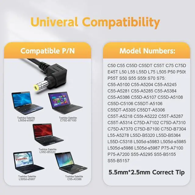 Alt view image 4 of 7 - 90W Laptop Charger Compatible with Toshiba Satellite C655 C655D C675 C850 C855 C855D C875 C50 C55 C55D C55DT C55T C75 C75D L50 L55 L55D L75 L305; Portege Z30 Z30T Z930 Z830 Power Supply Cord