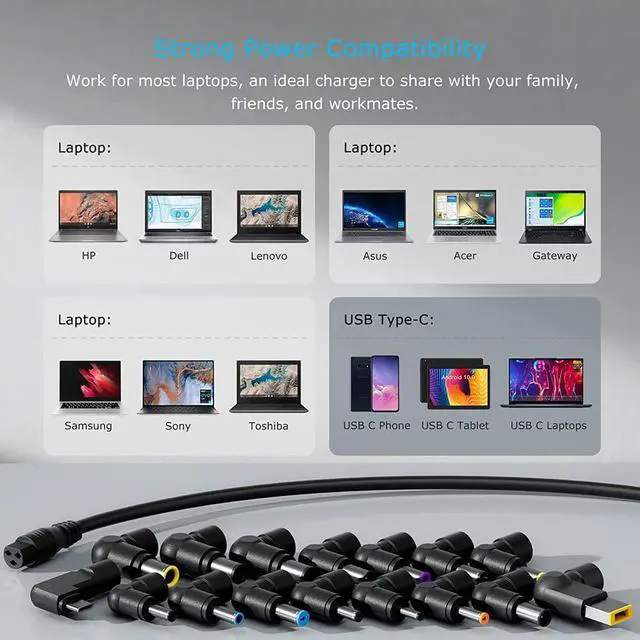 Alt view image 4 of 7 - 90W Universal Laptop Charger AC Adapter Power Cord with USB C Replacement for  HP    IBM Toshiba  Google MacBook Pro Fujitsu Notebook Ultrabook Chromebook