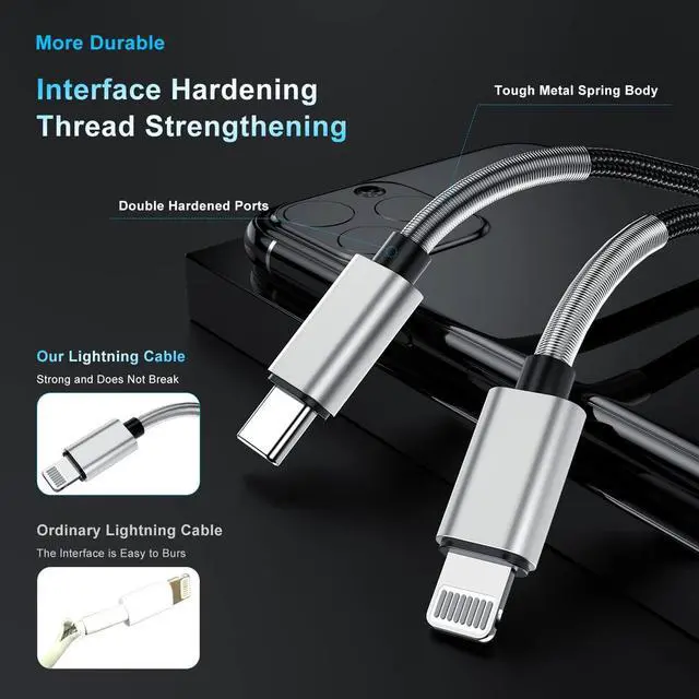 Alt view image 4 of 7 - 2Pack 10ft iPhone Fast Charger Cable [ MFi Certified] Long USB C to Lightning Cable 10 Foot High Fast 10 Feet  Charging Cord for  iPhone 14/14 Pro Max/13 Mini/12/11/XS/XR/8/7Plus iPad