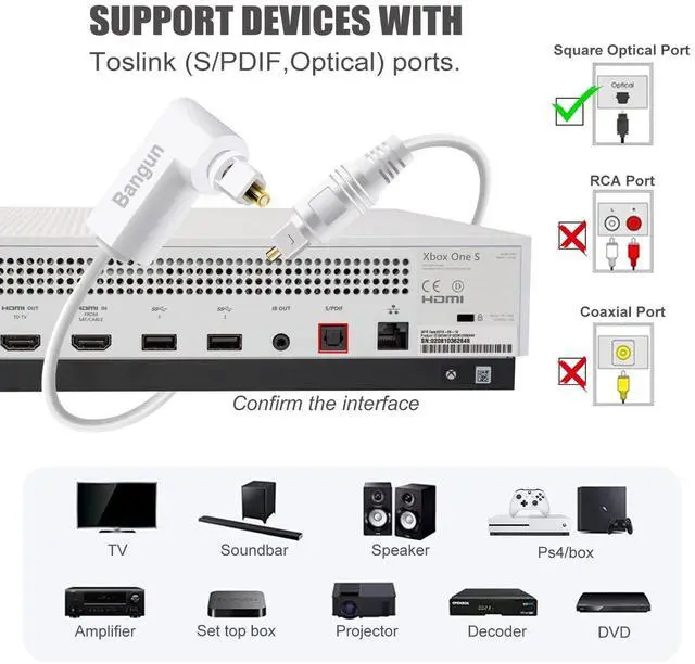 Alt view image 5 of 7 - 100 feet White Optical Audio Cable, Slim 90 Degree Digital Audio S/PDIF Toslink Cord, Right Angle Fiber Optic Audio Cable for Sound Bar/TV/PS6/Xbox/Home Theater