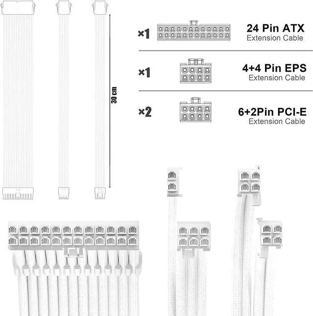 Alt view image 2 of 6 - PSU Cable Extension Kit 30CM Length with Cable Combs 1x24Pin/1x8Pin(4+4) EPS/2x8Pin(6P+2P) PCI-E/PC Sleeved Cable for ATX Power Supply(White)