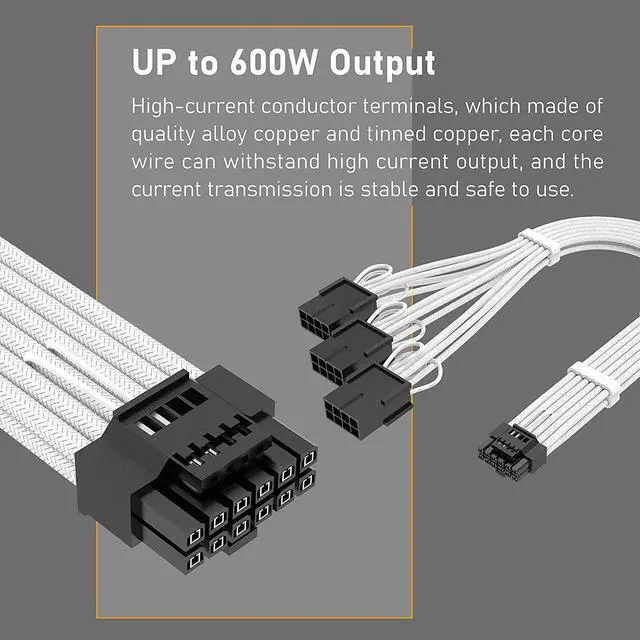 Alt view image 3 of 7 - GPU Power Sleeved Cable Extension, 16pin(12+4) 12VHPWR PCIe 5.0 Connector Male to 3X PCIE 8 PIN for RTX 4070Ti/4080/3090Ti, with Pre-Installed Cable Combs-16AWG/White