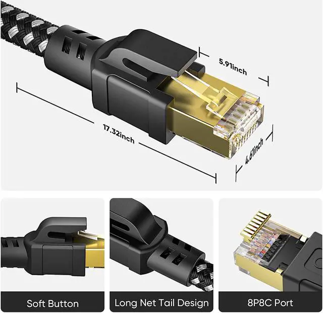 Alt view image 5 of 7 - BUSOHE Cat 8 Ethernet Cable 50FT, High Speed Braided Shielded Heavy Duty RJ45 LAN Internet Network Cable, 40Gbps 2000MHz Gigabit Patch Cord Compatible for Modem/Router/Gaming/PC