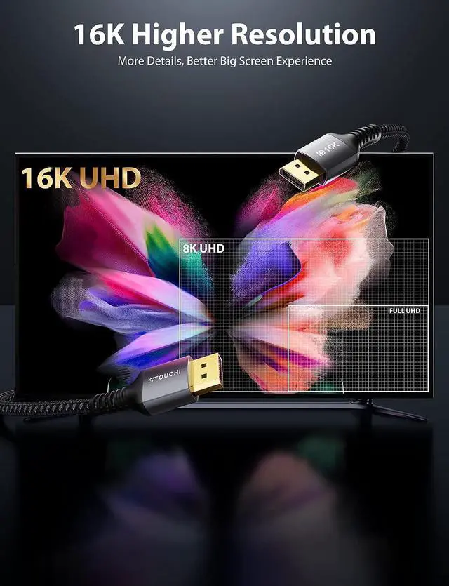 Alt view image 2 of 7 - Stouchi Displayport 2.1 Cable 10FT/3M, 80Gbps [16K@60Hz, 8K@120Hz, 4K@240Hz, 1080P@360Hz] HDR, HDCP, DSC 1.2a, FreeSync G-Sync DP Cable for Gaming Monitor, RTX 5090, RX 9070, RTX 6000 Ada